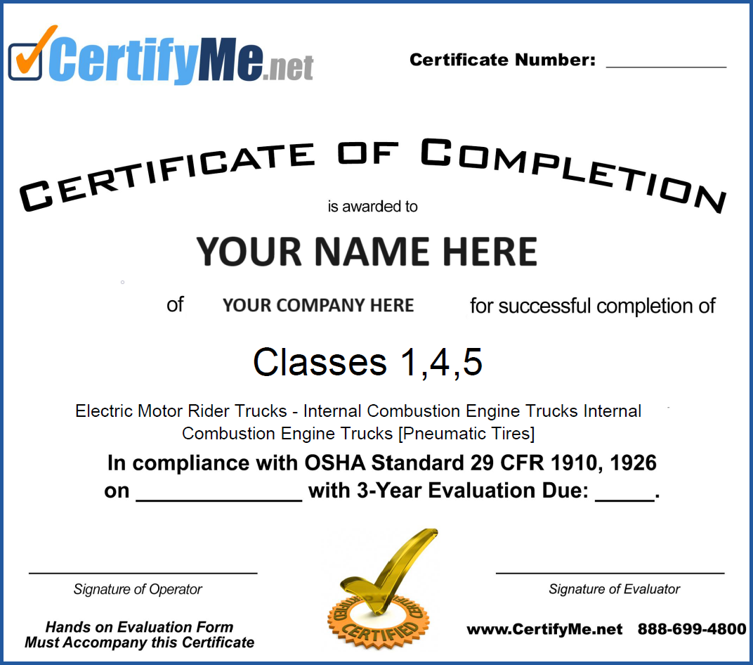 Forklift certification and training by CertifyMe.net, featuring a forklift certificate card for OSHA compliance.